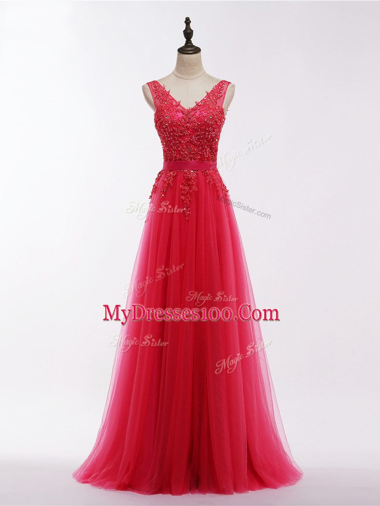 Coral Red Empire V-neck Sleeveless Tulle Floor Length Backless Lace and Appliques Homecoming Dresses