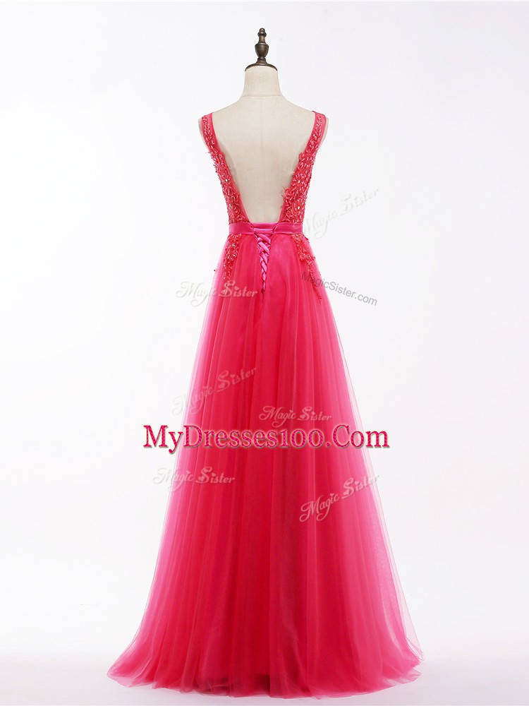 Coral Red Empire V-neck Sleeveless Tulle Floor Length Backless Lace and Appliques Homecoming Dresses