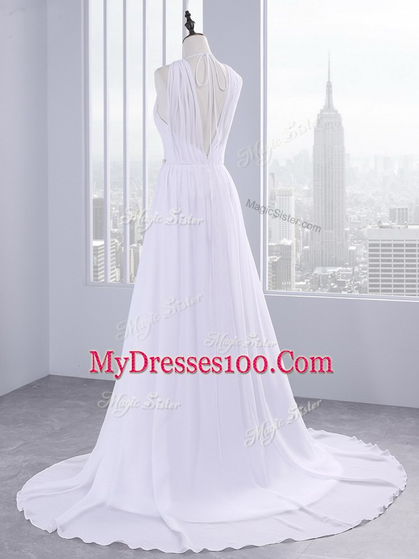 White Backless Wedding Gown Belt Sleeveless Brush Train