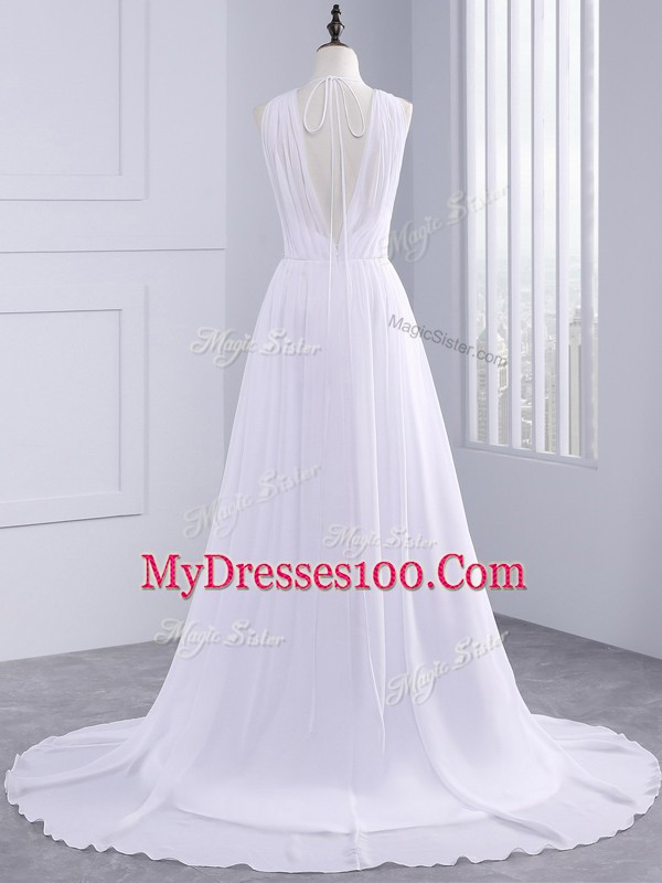 White Backless Wedding Gown Belt Sleeveless Brush Train