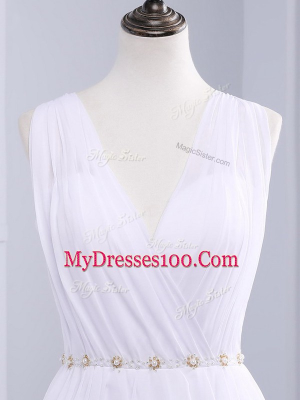 White Backless Wedding Gown Belt Sleeveless Brush Train