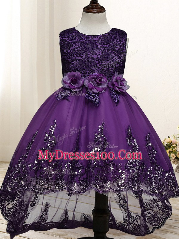 Ball Gowns Kids Formal Wear Dark Purple Scoop Tulle Sleeveless High Low Zipper