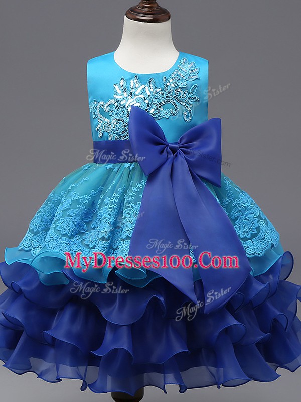 Great Royal Blue Organza Zipper Child Pageant Dress Sleeveless Tea Length Lace and Ruffled Layers and Bowknot