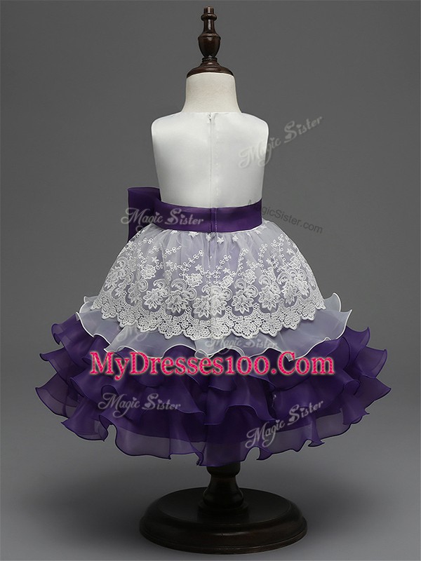 Great Royal Blue Organza Zipper Child Pageant Dress Sleeveless Tea Length Lace and Ruffled Layers and Bowknot