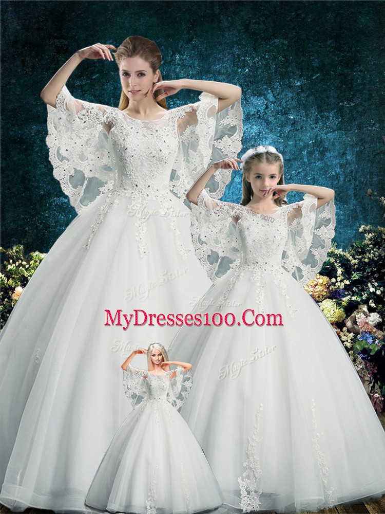 Unique Floor Length Lace Up 15 Quinceanera Dress White for Wedding Party with Lace