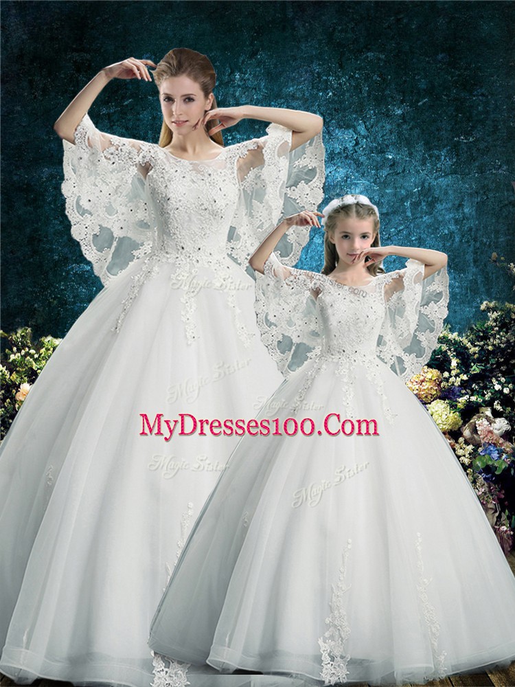 Unique Floor Length Lace Up 15 Quinceanera Dress White for Wedding Party with Lace