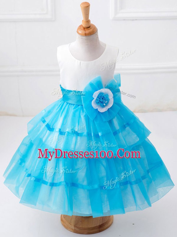 Affordable Tea Length Baby Blue Girls Pageant Dresses Scoop Sleeveless Zipper