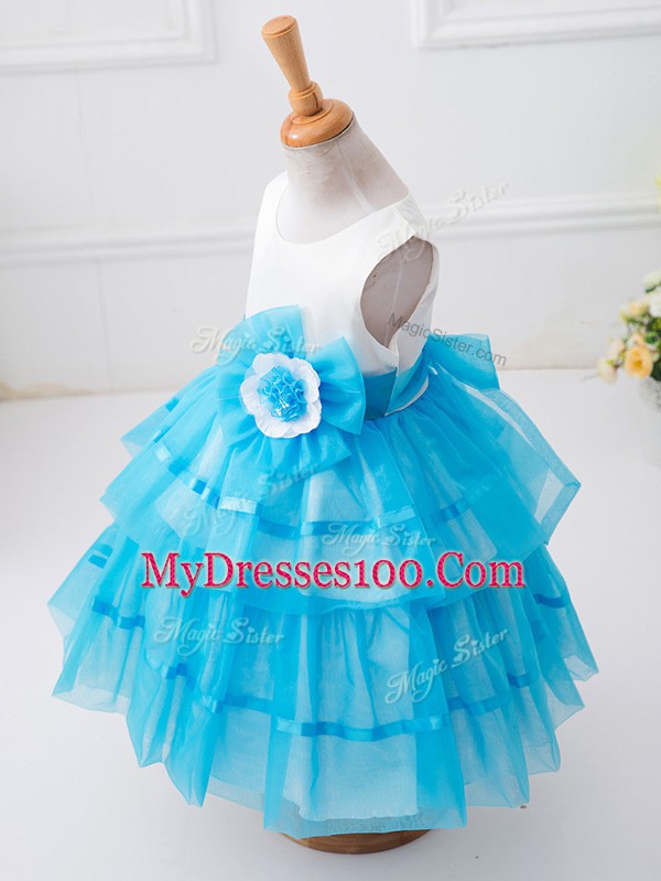 Affordable Tea Length Baby Blue Girls Pageant Dresses Scoop Sleeveless Zipper