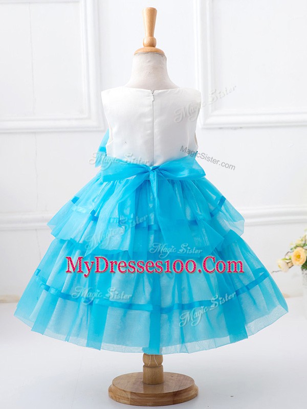 Affordable Tea Length Baby Blue Girls Pageant Dresses Scoop Sleeveless Zipper