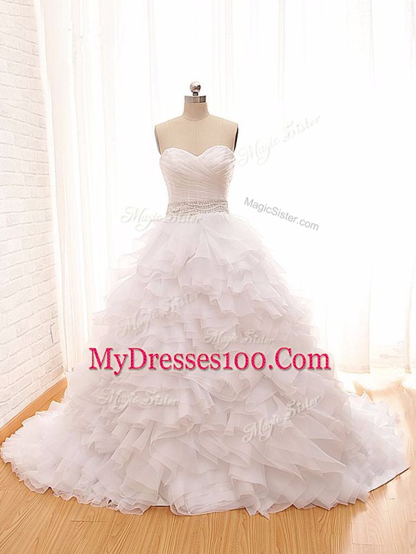 White Tulle Lace Up Sweetheart Sleeveless Wedding Gown Brush Train Beading and Ruffles