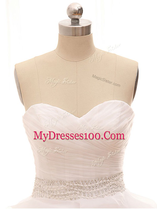 White Tulle Lace Up Sweetheart Sleeveless Wedding Gown Brush Train Beading and Ruffles