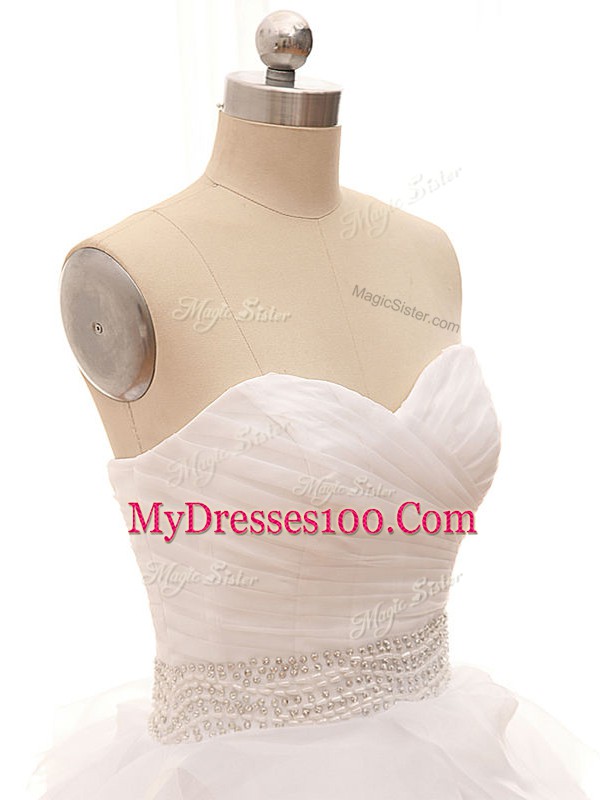 White Tulle Lace Up Sweetheart Sleeveless Wedding Gown Brush Train Beading and Ruffles
