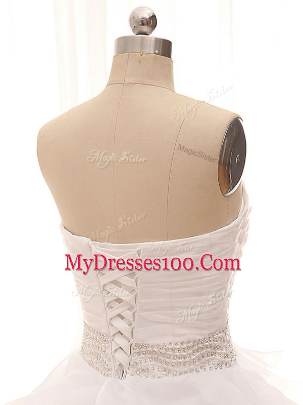 White Tulle Lace Up Sweetheart Sleeveless Wedding Gown Brush Train Beading and Ruffles