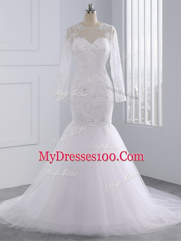 White Mermaid Tulle Scoop Long Sleeves Beading and Lace and Appliques Zipper Bridal Gown Brush Train