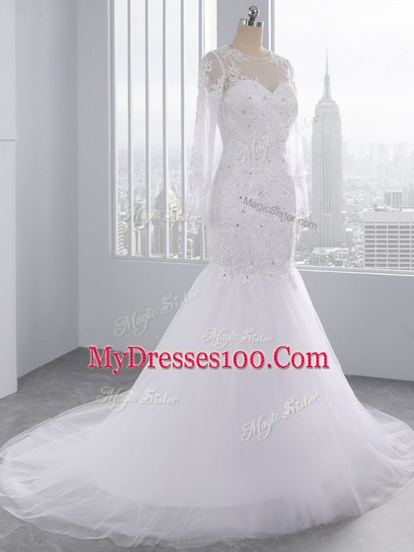 White Mermaid Tulle Scoop Long Sleeves Beading and Lace and Appliques Zipper Bridal Gown Brush Train