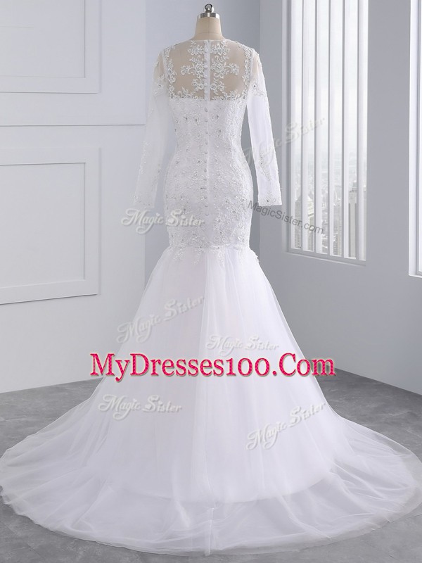 White Mermaid Tulle Scoop Long Sleeves Beading and Lace and Appliques Zipper Bridal Gown Brush Train