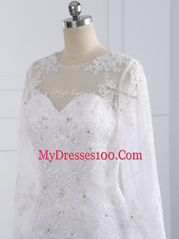 White Mermaid Tulle Scoop Long Sleeves Beading and Lace and Appliques Zipper Bridal Gown Brush Train
