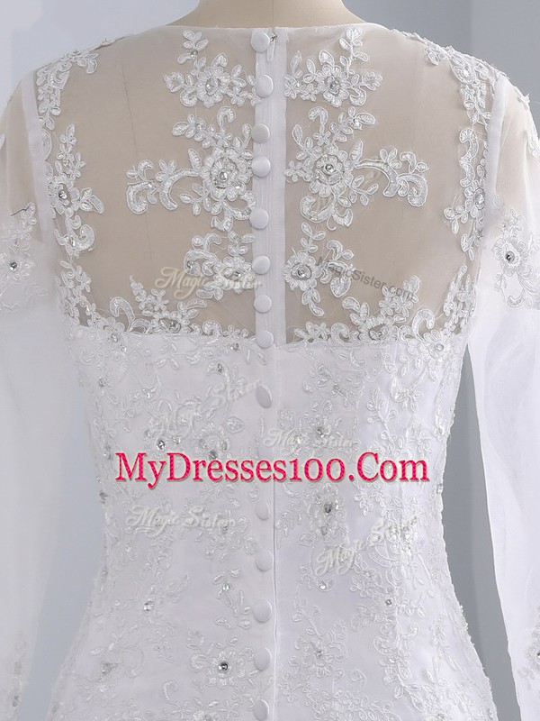 White Mermaid Tulle Scoop Long Sleeves Beading and Lace and Appliques Zipper Bridal Gown Brush Train