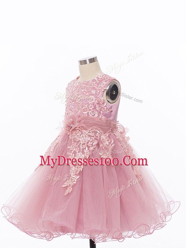Stunning Pink Zipper Scoop Appliques and Hand Made Flower Girls Pageant Dresses Tulle Sleeveless