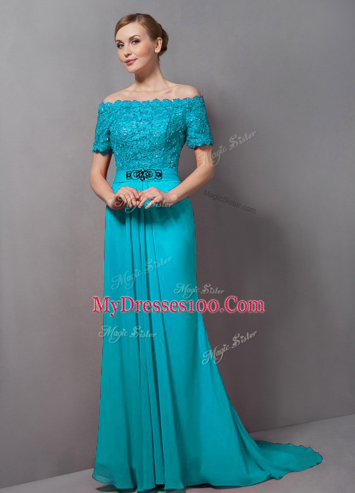 Aqua Blue Off The Shoulder Zipper Lace Mother Of The Bride Dress Sweep Train Short Sleeves