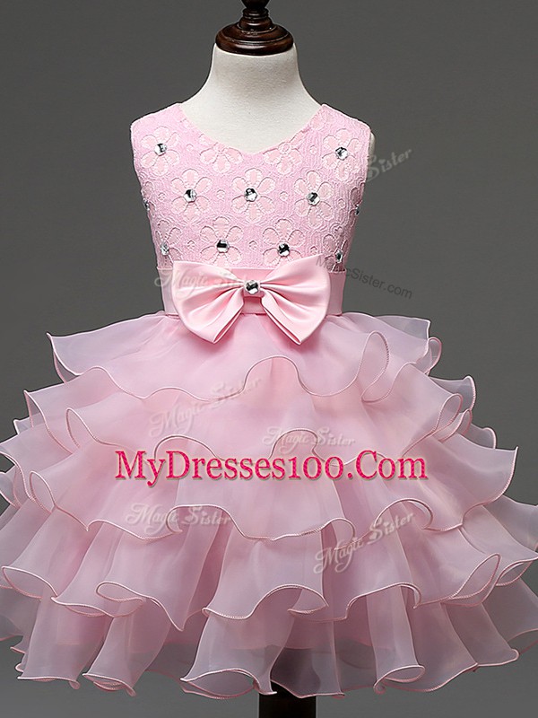 Fancy Baby Pink Sleeveless Organza Zipper Kids Pageant Dress for Wedding Party