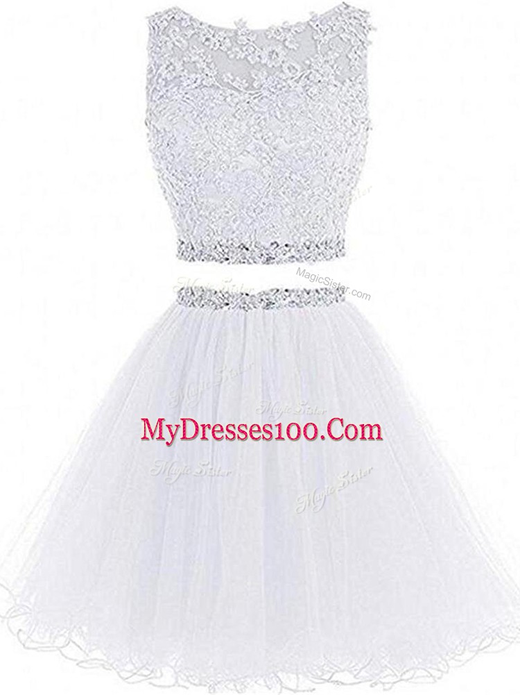 White Cocktail Dresses Prom and Party and Military Ball and Sweet 16 with Beading and Lace and Appliques Scoop Sleeveless Zipper