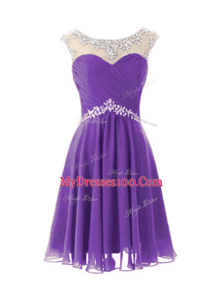 Deluxe Eggplant Purple Zipper Scoop Beading Evening Dress Chiffon Cap Sleeves
