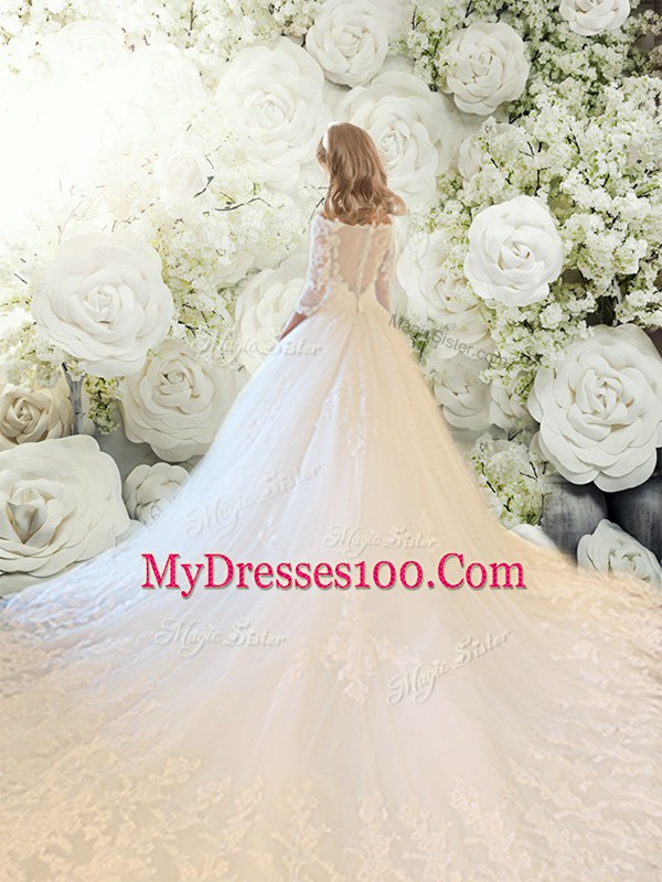 Fabulous White Off The Shoulder Zipper Lace Flower Girl Dresses Chapel Train 3 4 Length Sleeve