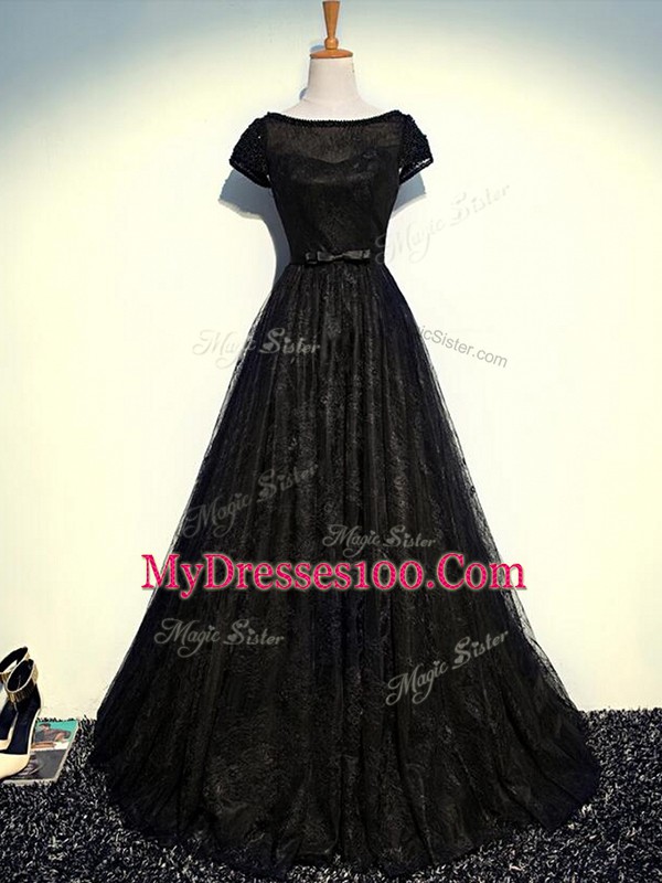 Black Short Sleeves Beading and Lace and Belt Floor Length Mother of Groom Dress