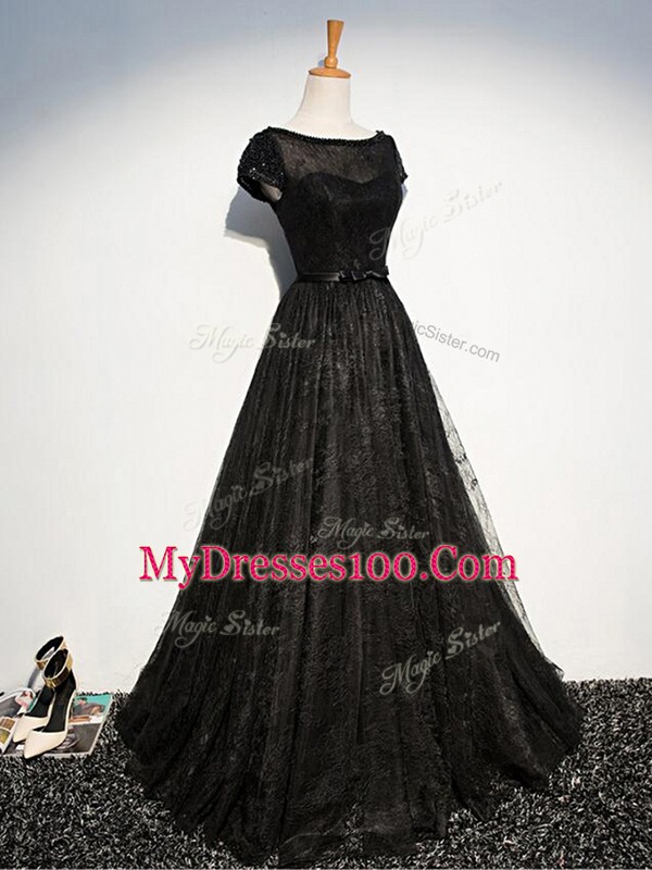 Black Short Sleeves Beading and Lace and Belt Floor Length Mother of Groom Dress
