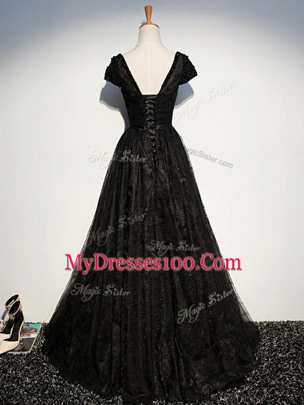 Black Short Sleeves Beading and Lace and Belt Floor Length Mother of Groom Dress