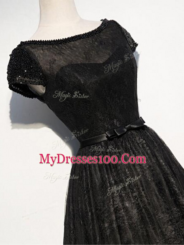 Black Short Sleeves Beading and Lace and Belt Floor Length Mother of Groom Dress