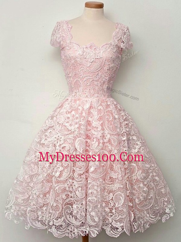 Knee Length A-line Cap Sleeves Baby Pink Bridesmaid Dresses Lace Up
