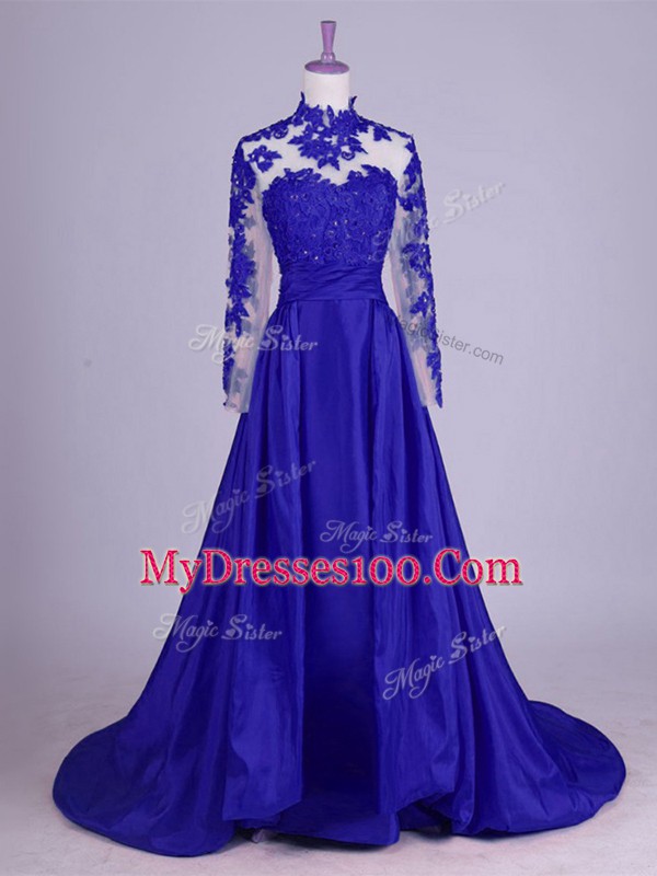 Latest Royal Blue High-neck Lace Up Lace and Appliques Mother Of The Bride Dress Brush Train Sleeveless