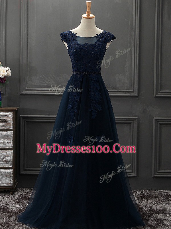 Classical Navy Blue Lace Up Prom Dress Appliques Sleeveless Floor Length