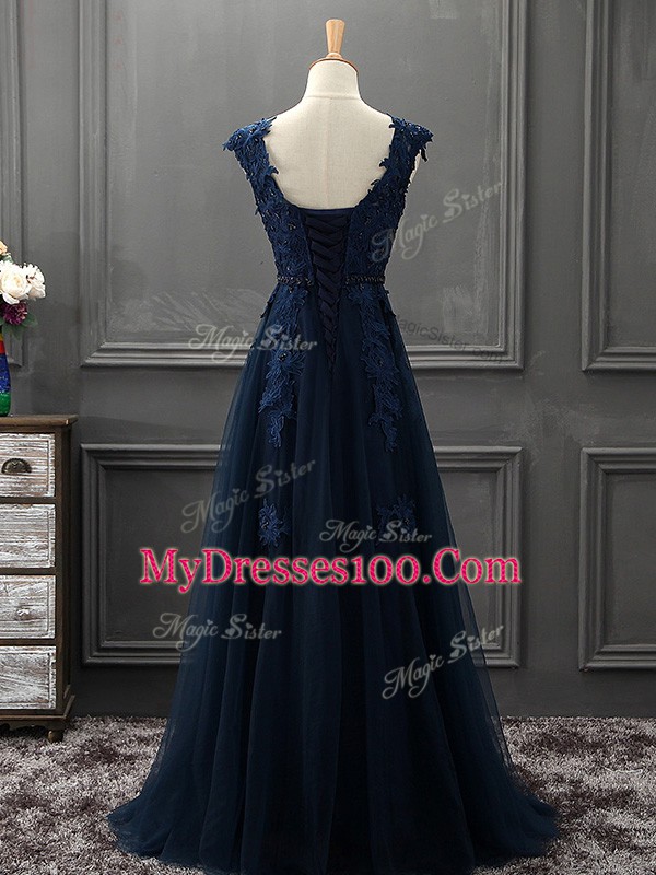 Classical Navy Blue Lace Up Prom Dress Appliques Sleeveless Floor Length