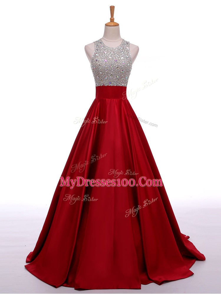 Cheap Scoop Sleeveless Backless Wine Red Elastic Woven Satin