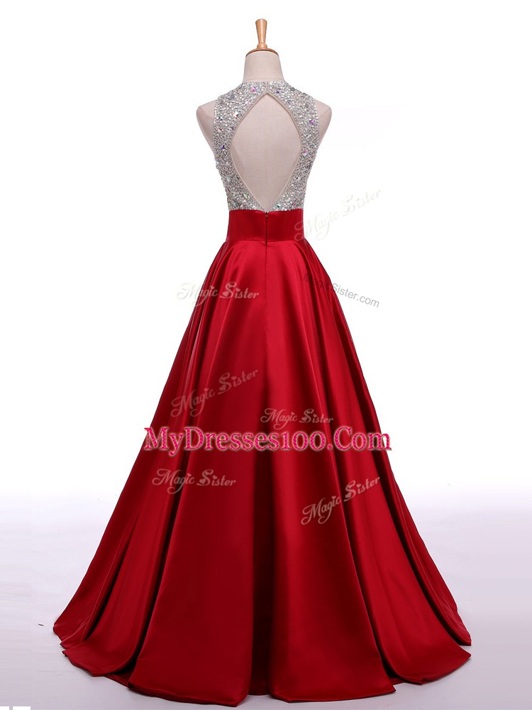 Cheap Scoop Sleeveless Backless Wine Red Elastic Woven Satin