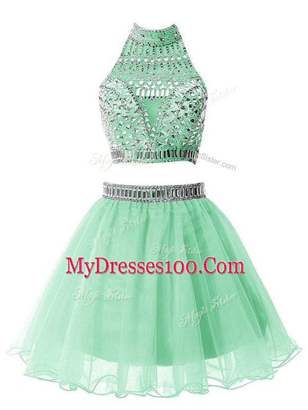 Artistic Knee Length Apple Green Bridesmaid Gown High-neck Sleeveless Zipper