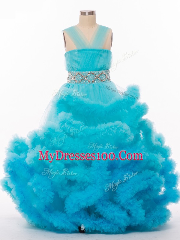 Sleeveless Tulle Floor Length Lace Up Child Pageant Dress in Baby Blue with Beading and Hand Made Flower