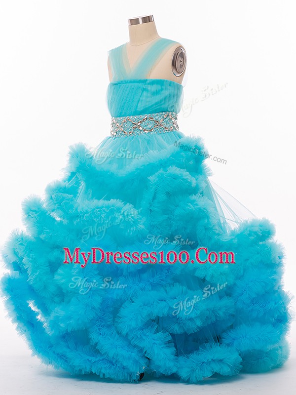 Sleeveless Tulle Floor Length Lace Up Child Pageant Dress in Baby Blue with Beading and Hand Made Flower
