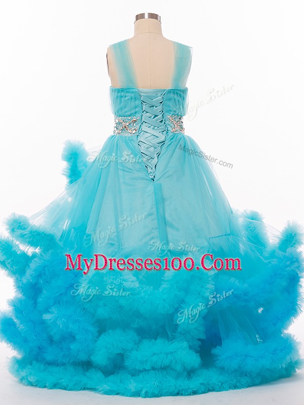 Sleeveless Tulle Floor Length Lace Up Child Pageant Dress in Baby Blue with Beading and Hand Made Flower