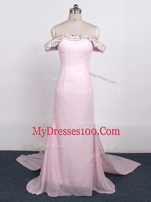 Lovely Baby Pink Column/Sheath Chiffon Off The Shoulder Sleeveless Beading Zipper Prom Evening Gown Watteau Train