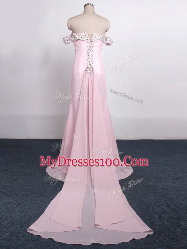 Lovely Baby Pink Column/Sheath Chiffon Off The Shoulder Sleeveless Beading Zipper Prom Evening Gown Watteau Train