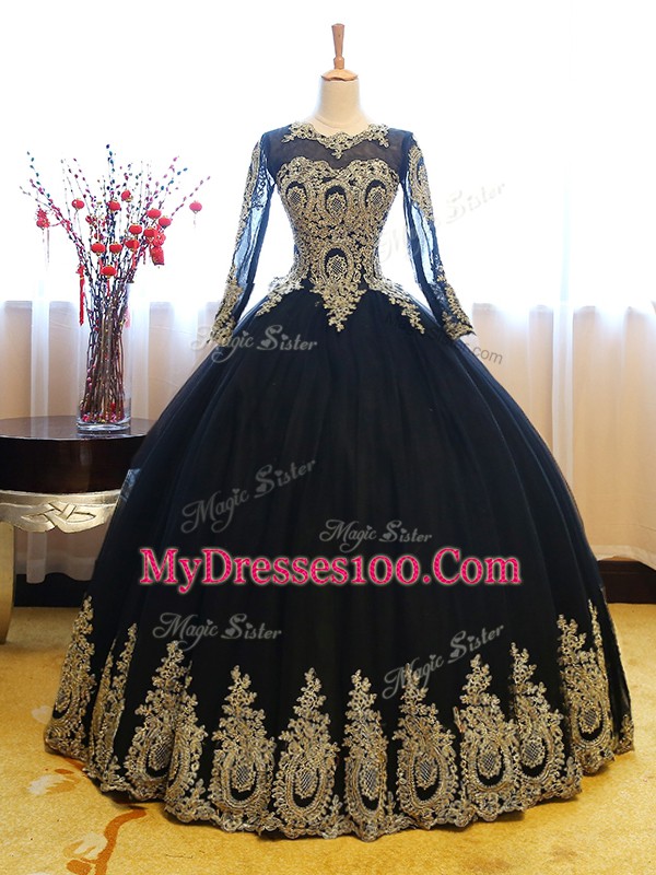 Cheap Navy Blue Organza Lace Up Scoop Long Sleeves Floor Length Vestidos de Quinceanera Appliques