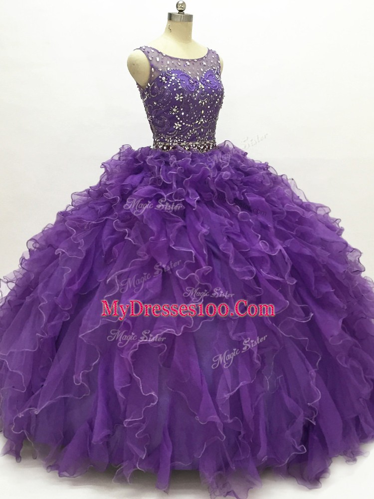High Quality Floor Length Purple Quince Ball Gowns Scoop Sleeveless Lace Up