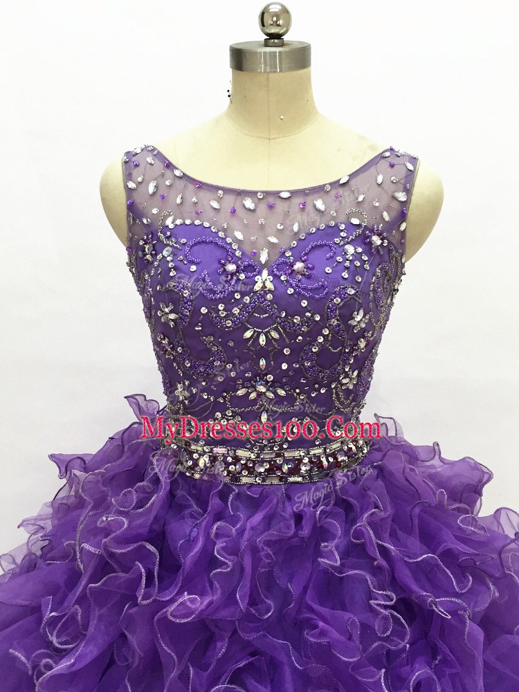 High Quality Floor Length Purple Quince Ball Gowns Scoop Sleeveless Lace Up