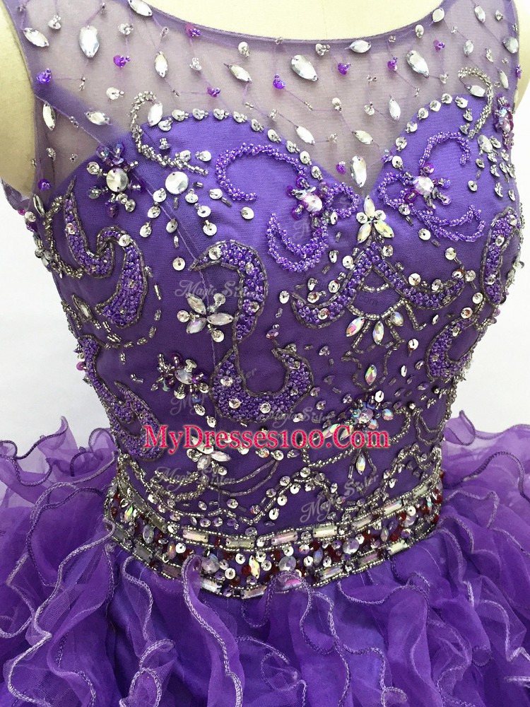 High Quality Floor Length Purple Quince Ball Gowns Scoop Sleeveless Lace Up