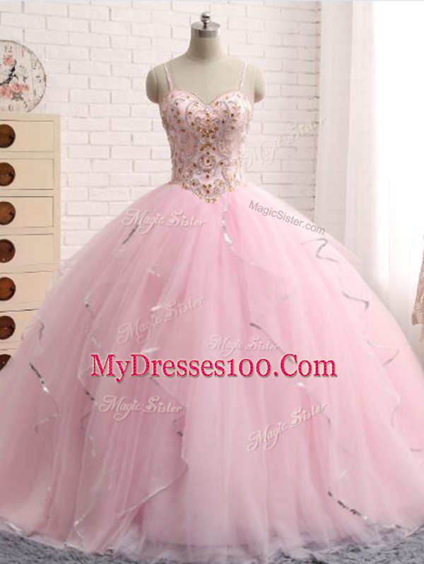 Flirting Baby Pink Sleeveless Brush Train Beading and Ruffles Quinceanera Gown