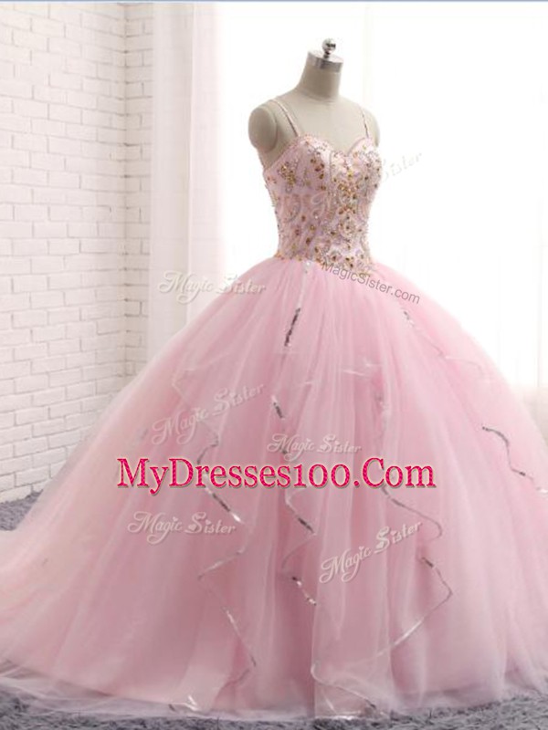 Flirting Baby Pink Sleeveless Brush Train Beading and Ruffles Quinceanera Gown